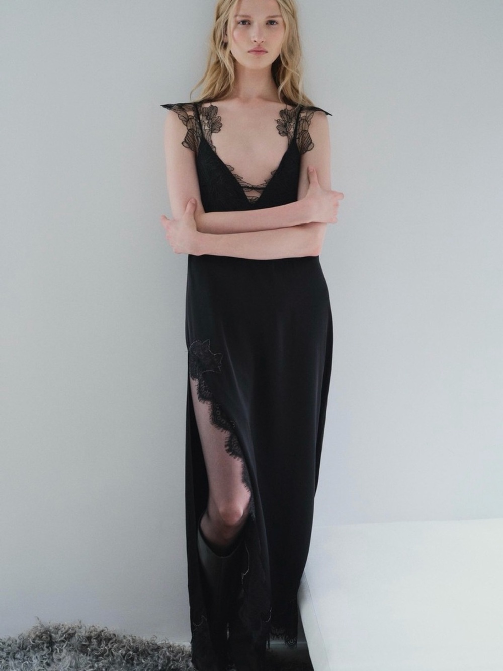 Zara NWT Black Lace-Trim Maxi Dress